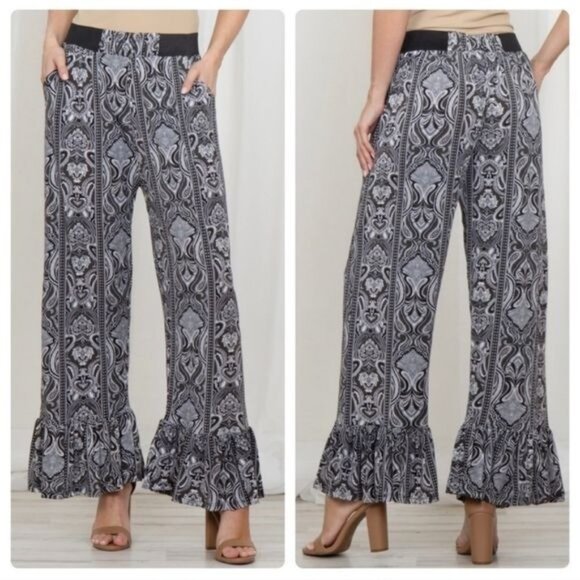Boho Wide Leg Ruffle Hem Pants W/Elastic Waist & Pockets Black/White Paisley -OS - Picture 1 of 6